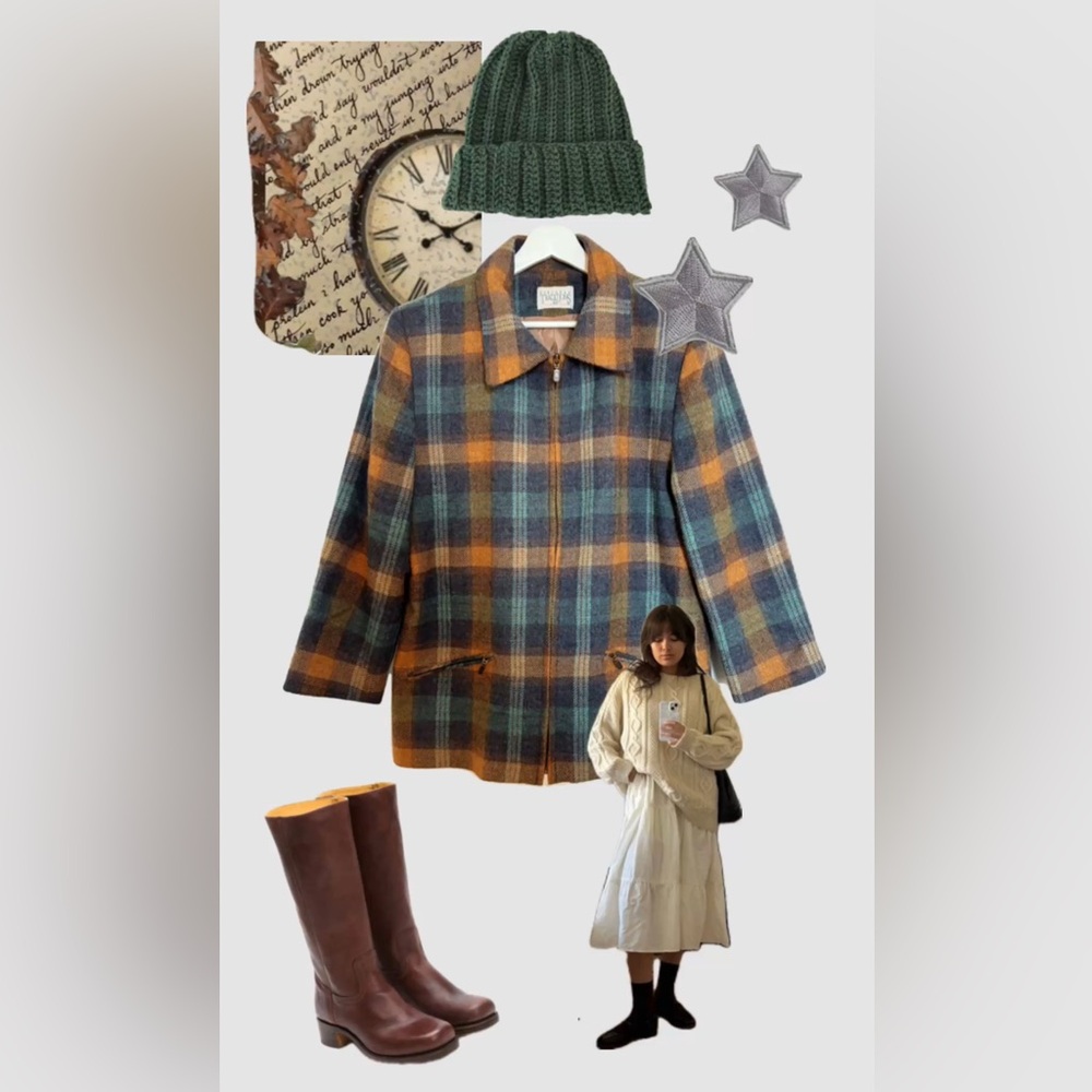 Vintage Plaid Pea Coat in Teal, Brown & Mustard - Picture 3 of 10